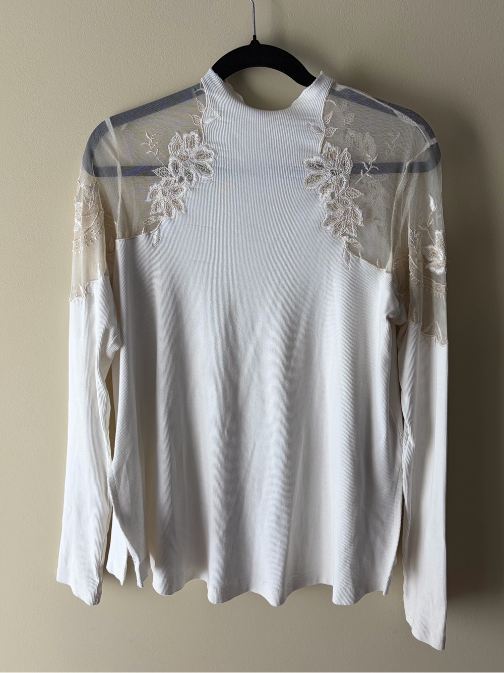 Free People Ivory Ribbed Mock Neck Top with Embroidered Mesh Sleeves Size Small